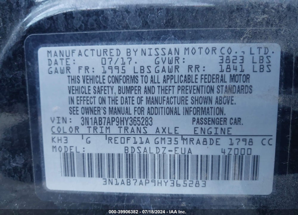 2017 NISSAN SENTRA SV VIN: 3N1AB7AP9HY365283