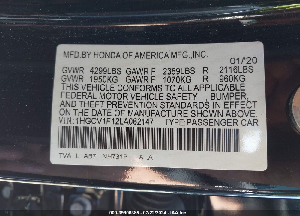2020 HONDA ACCORD LX VIN: 1HGCV1F12LA062147