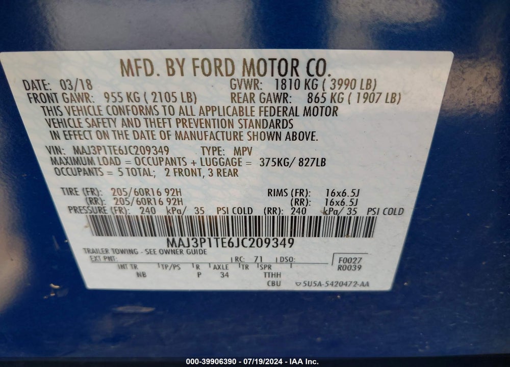 2018 FORD ECOSPORT SE VIN: MAJ3P1TE6JC209349