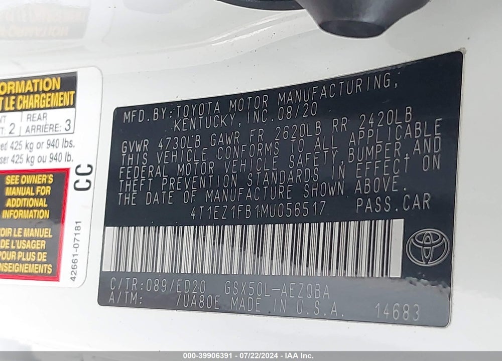 2021 TOYOTA AVALON VIN: 4T1EZ1FB1MU056517