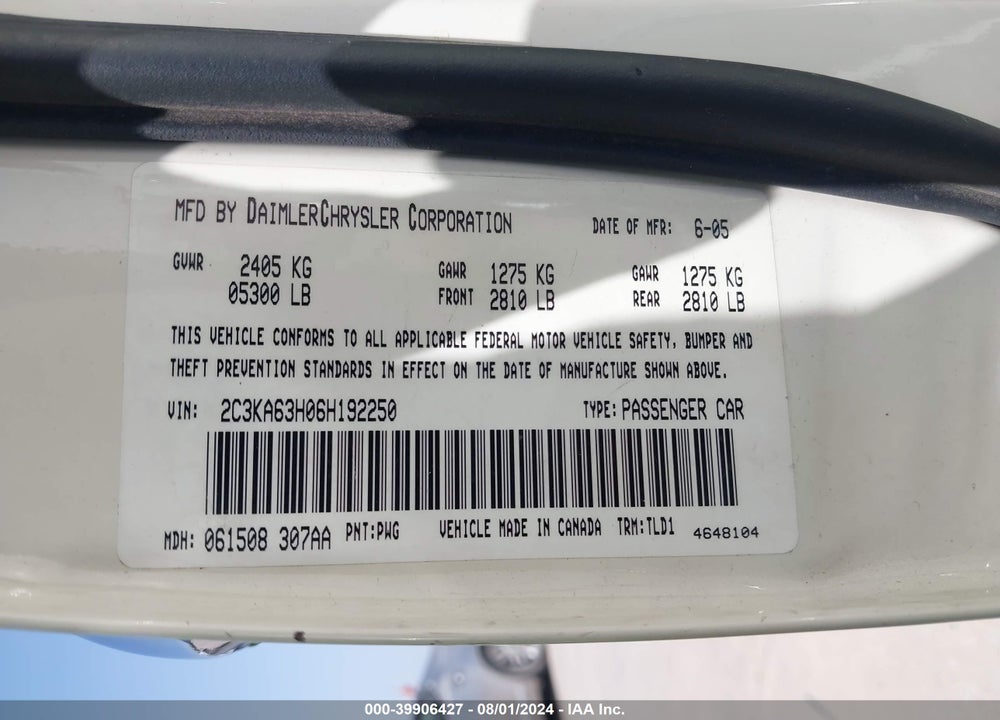 2006 CHRYSLER 300C VIN: 2C3KA63H06H192250
