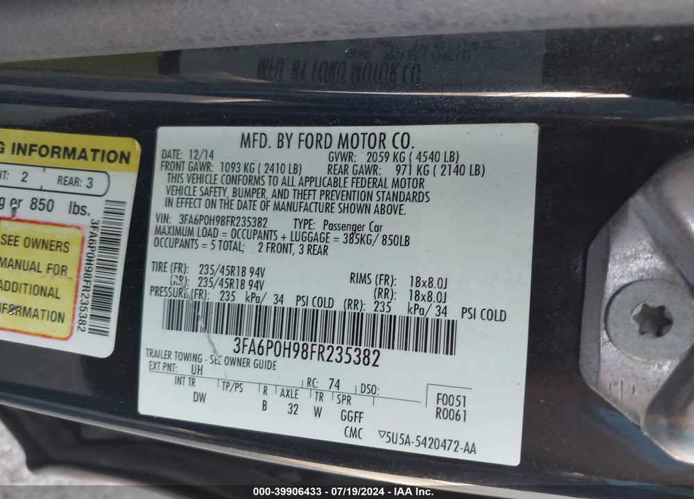 2015 FORD FUSION SE VIN: 3FA6P0H98FR235382