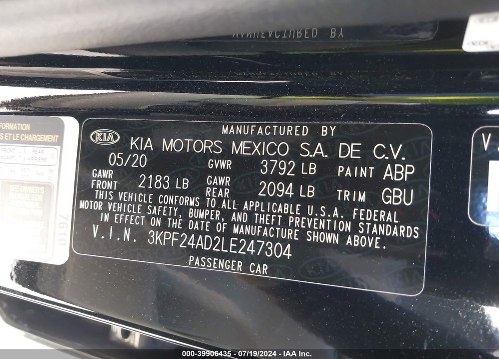2020 KIA FORTE LXS VIN: 3KPF24AD2LE247304