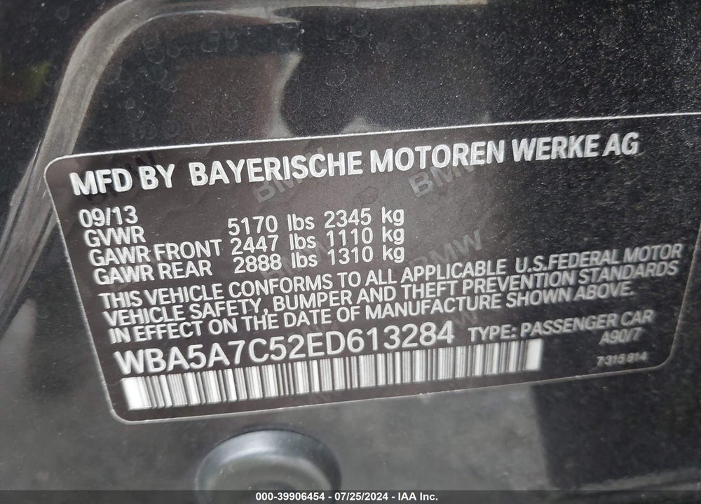 2014 BMW 528I XDRIVE VIN: WBA5A7C52ED613284