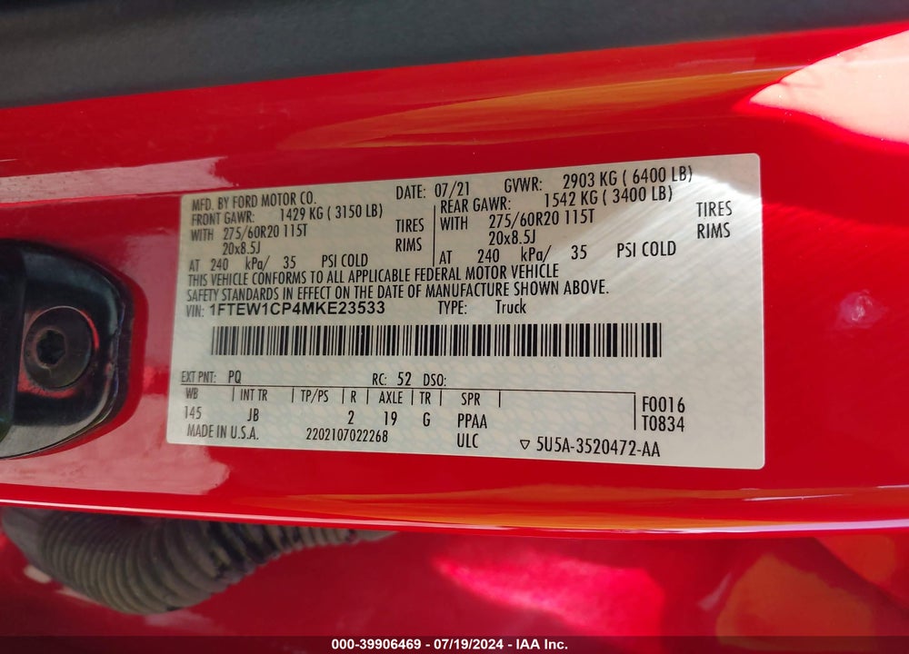 2021 FORD F-150 XL VIN: 1FTEW1CP4MKE23533