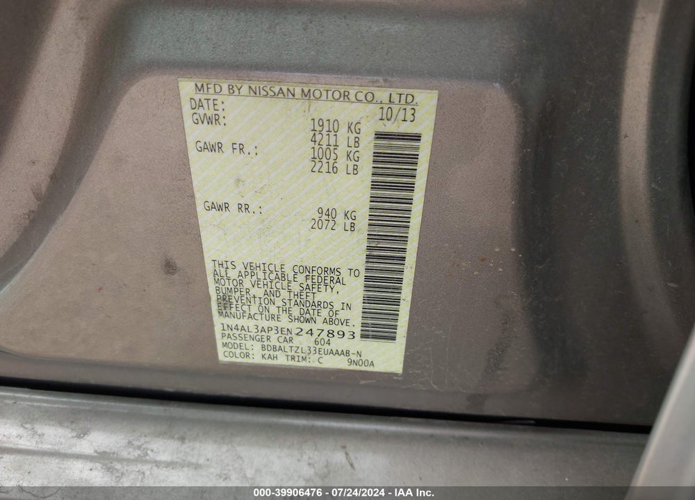 2014 NISSAN ALTIMA 2.5 SV VIN: 1N4AL3AP3EN247893