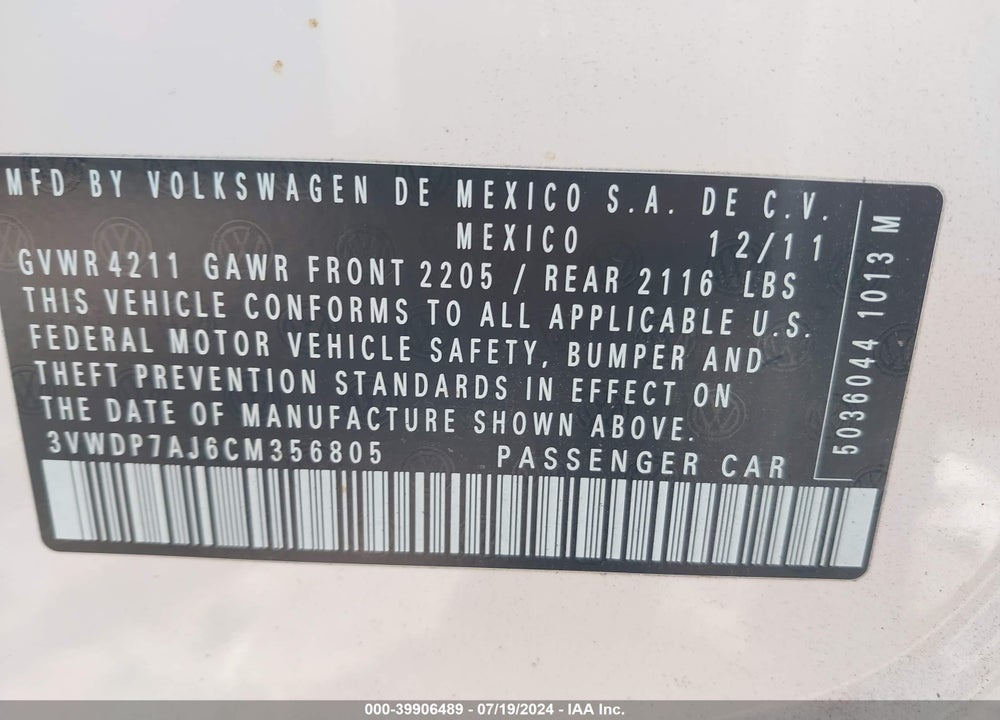 2012 VOLKSWAGEN JETTA 2.5L SE VIN: 3VWDP7AJ6CM356805