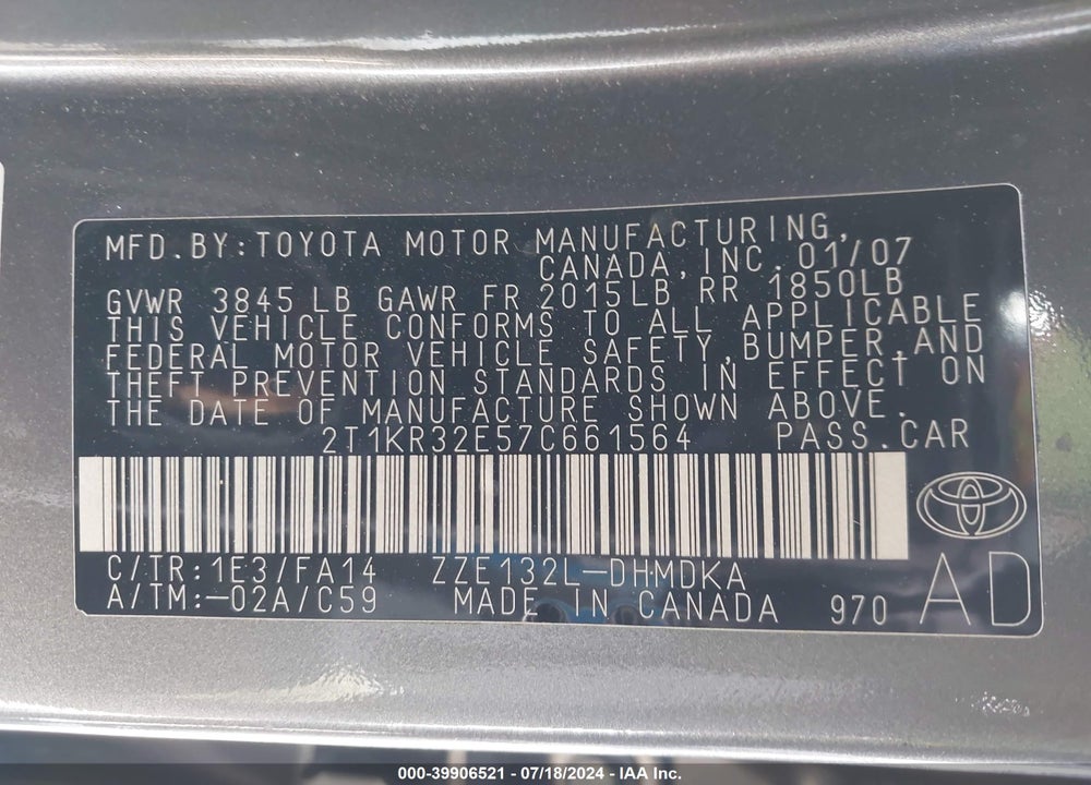 2007 TOYOTA MATRIX VIN: 2T1KR32E57C661564