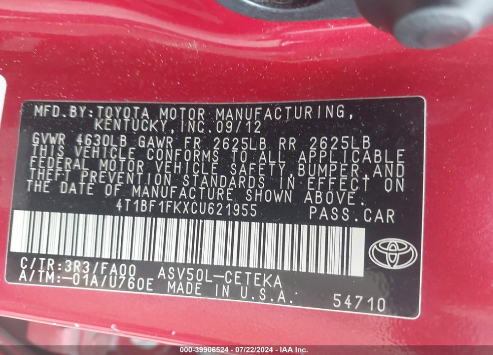 2012 TOYOTA CAMRY L VIN: 4T1BF1FKXCU621955