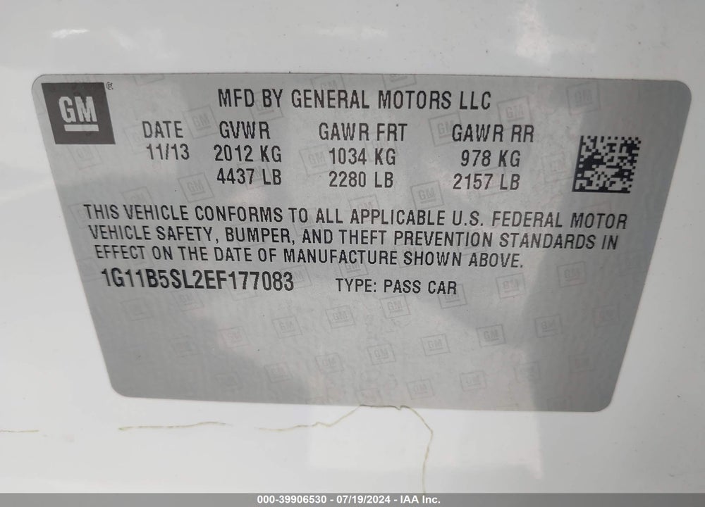 2014 CHEVROLET MALIBU 1LS VIN: 1G11B5SL2EF177083