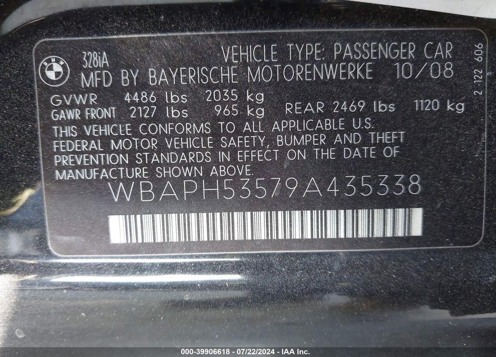 2009 BMW 328I VIN: WBAPH53579A435338