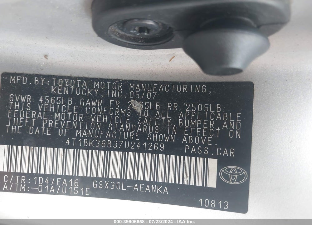 2007 TOYOTA AVALON XL VIN: 4T1BK36B37U241269