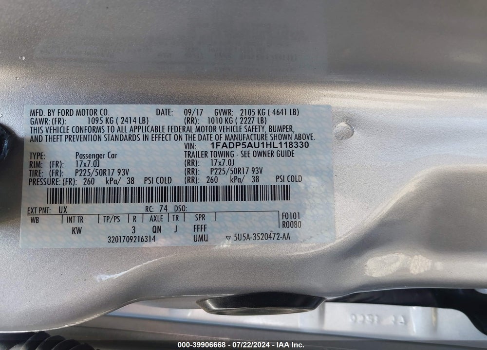 2017 FORD C-MAX HYBRID SE VIN: 1FADP5AU1HL118330