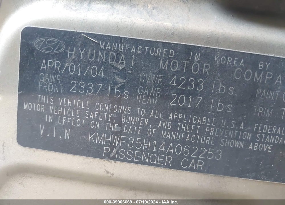 2004 HYUNDAI SONATA GLS/LX VIN: KMHWF35H14A062253