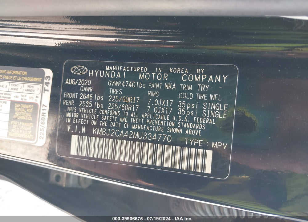 2021 HYUNDAI TUCSON SE VIN: KM8J2CA42MU334770