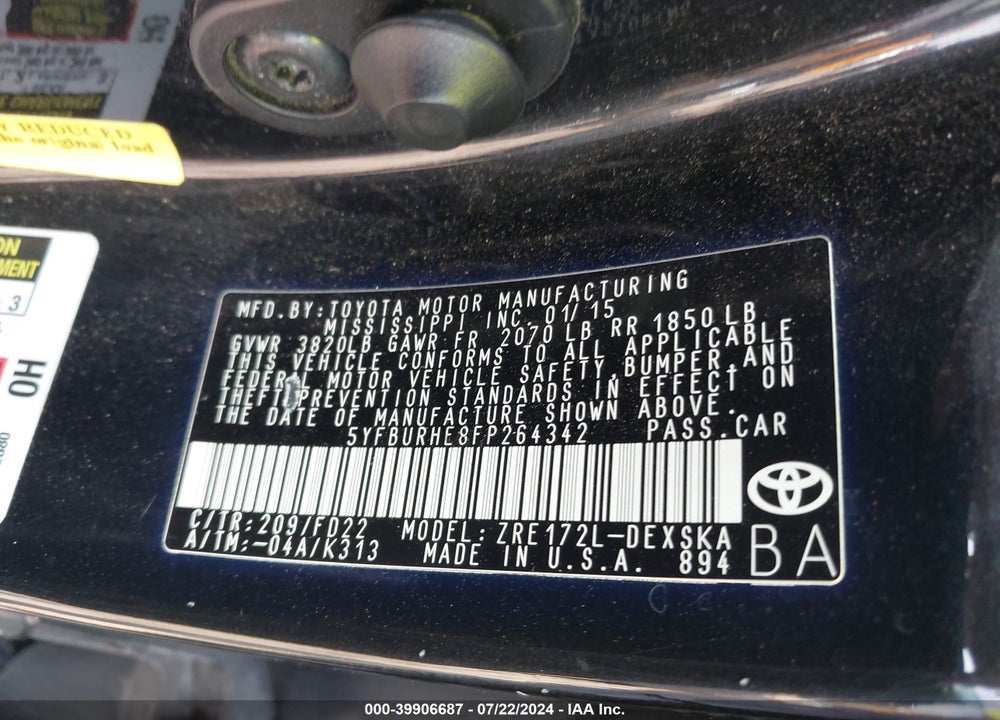 2015 TOYOTA COROLLA S PLUS VIN: 5YFBURHE8FP264342