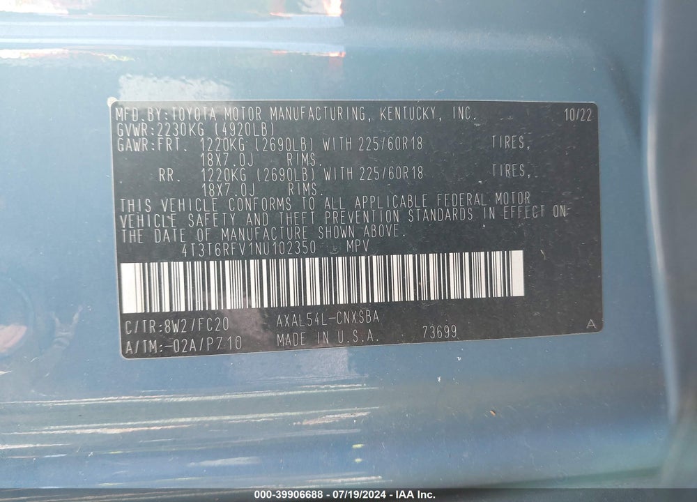 2022 TOYOTA RAV4 HYBRID SE VIN: 4T3T6RFV1NU102350