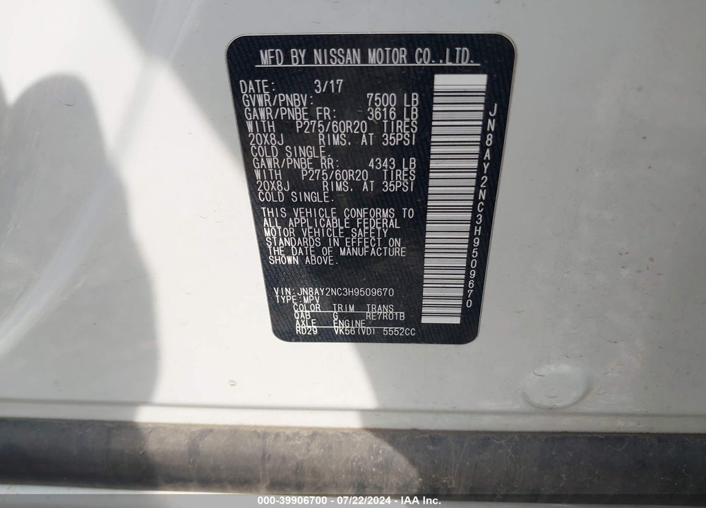 2017 NISSAN ARMADA SL VIN: JN8AY2NC3H9509670