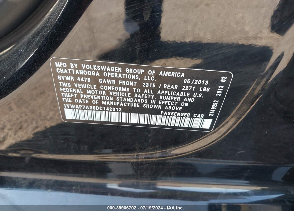 2013 VOLKSWAGEN PASSAT 2.5L WOLFSBURG EDITION VIN: 1VWAP7A30DC142013