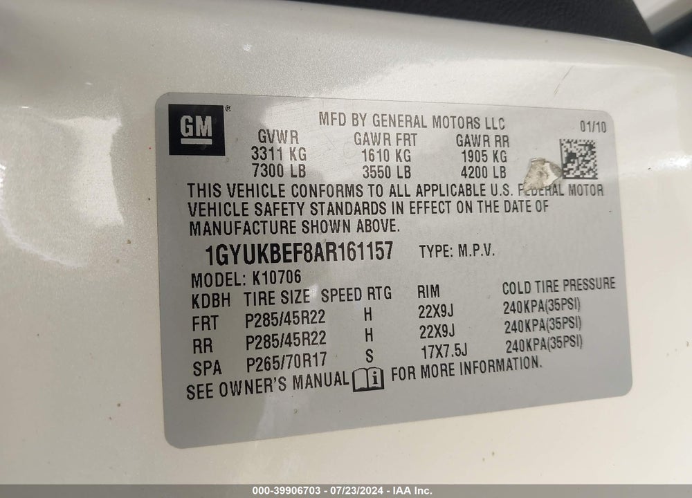 2010 CADILLAC ESCALADE LUXURY VIN: 1GYUKBEF8AR161157
