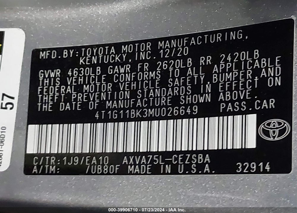 2021 TOYOTA CAMRY SE AWD VIN: 4T1G11BK3MU026649