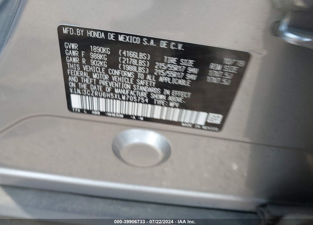 2020 HONDA HR-V AWD EX VIN: 3CZRU6H5XLM705754
