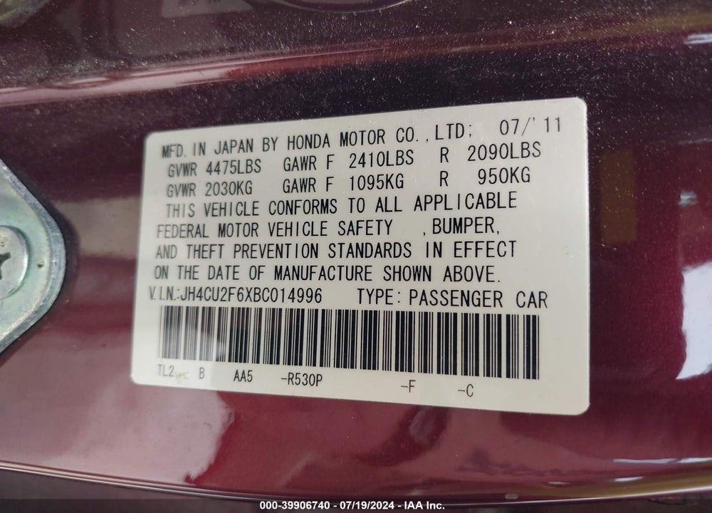 2011 ACURA TSX 2.4 VIN: JH4CU2F6XBC014996