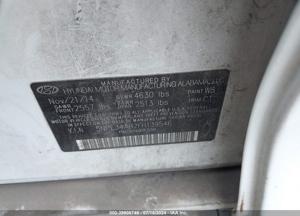 2015 HYUNDAI SONATA VIN: 5NPE34AB2FH139546
