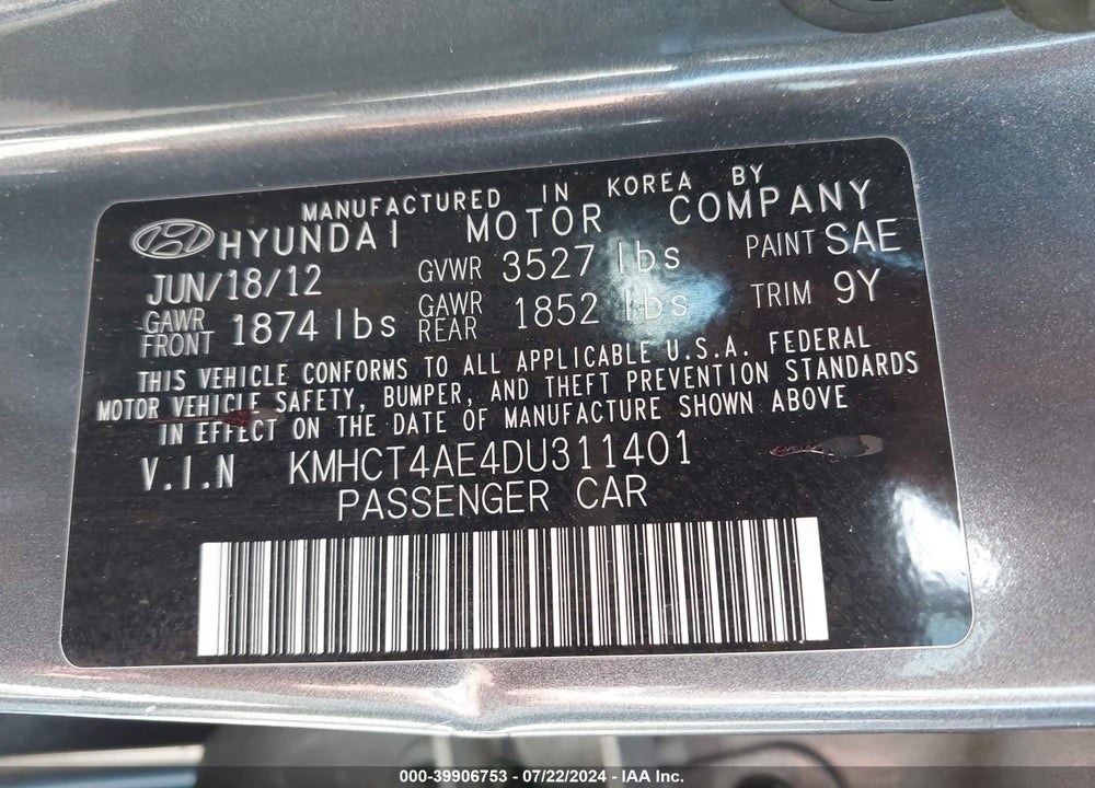 2013 HYUNDAI ACCENT VIN: KMHCT4AE4DU311401