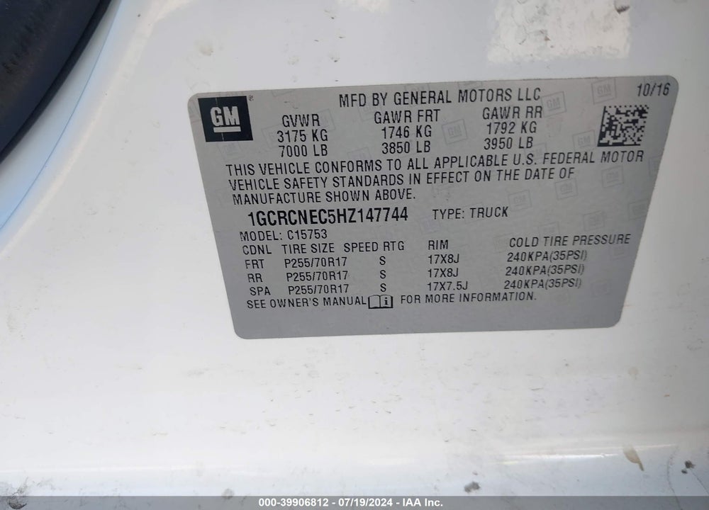 2017 CHEVROLET SILVERADO 1500 WT VIN: 1GCRCNEC5HZ147744