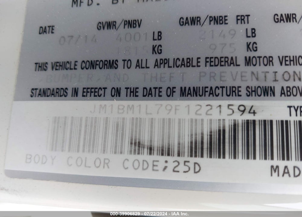 2015 MAZDA 3 I TOURING VIN: JM1BM1L79F1221594