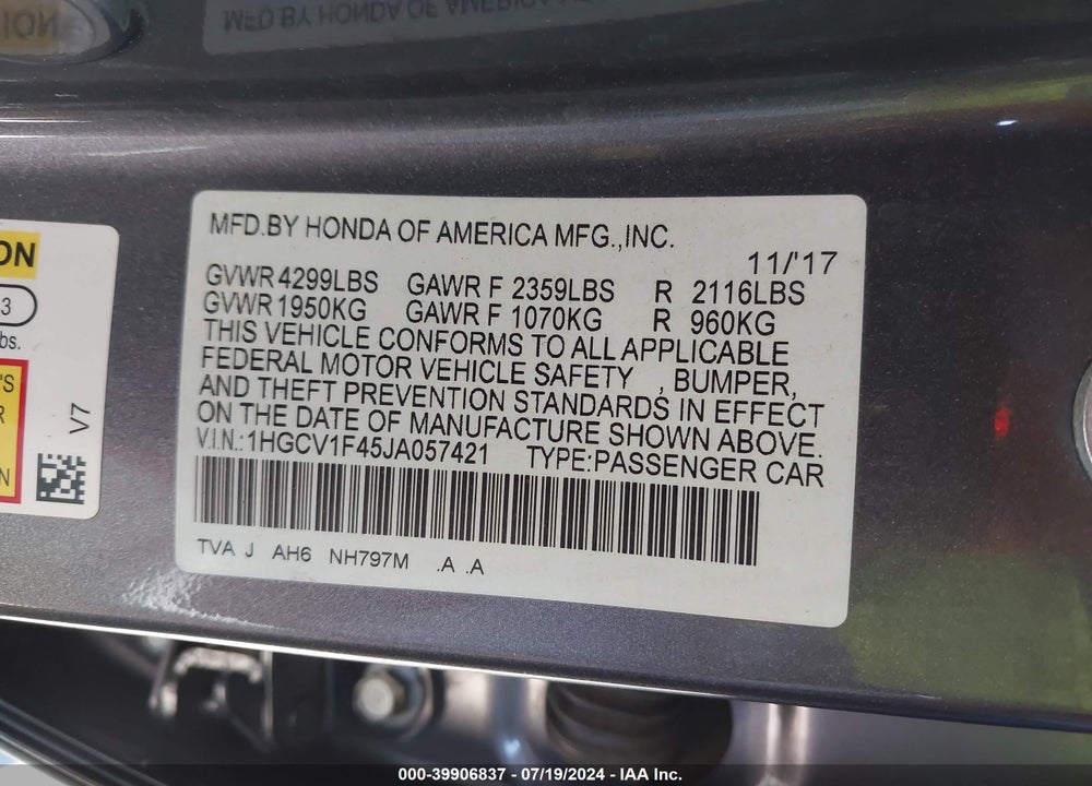 2018 HONDA ACCORD EX VIN: 1HGCV1F45JA057421