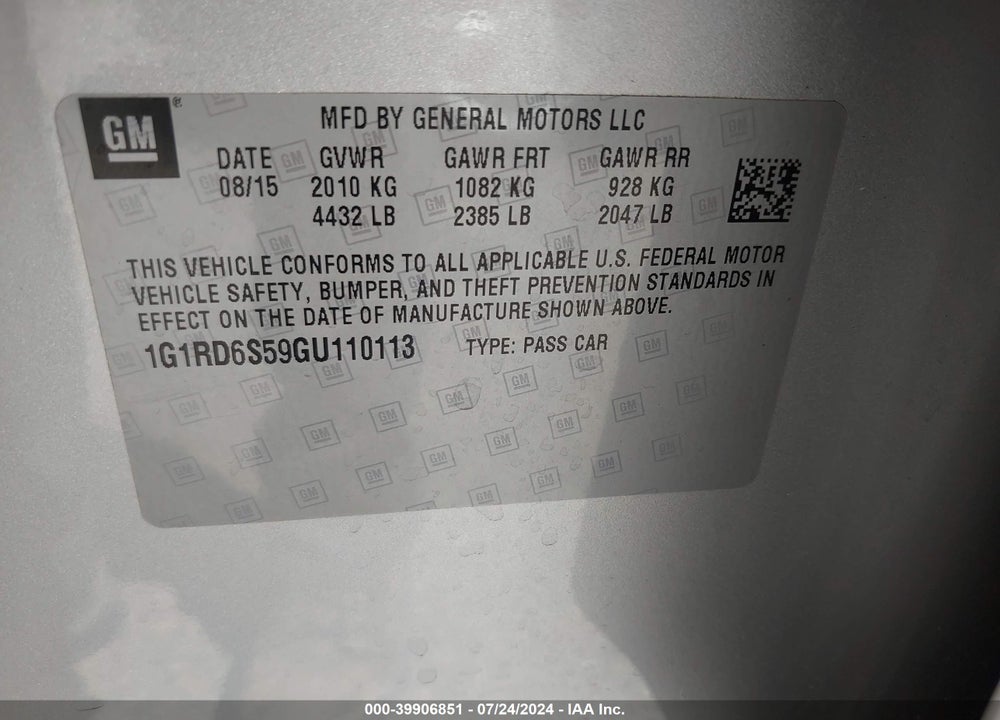 2016 CHEVROLET VOLT PREMIER VIN: 1G1RD6S59GU110113