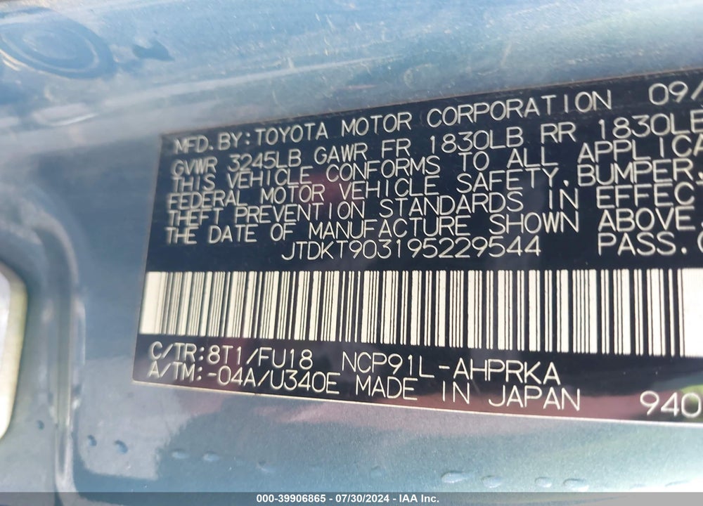 2009 TOYOTA YARIS VIN: JTDKT903195229544