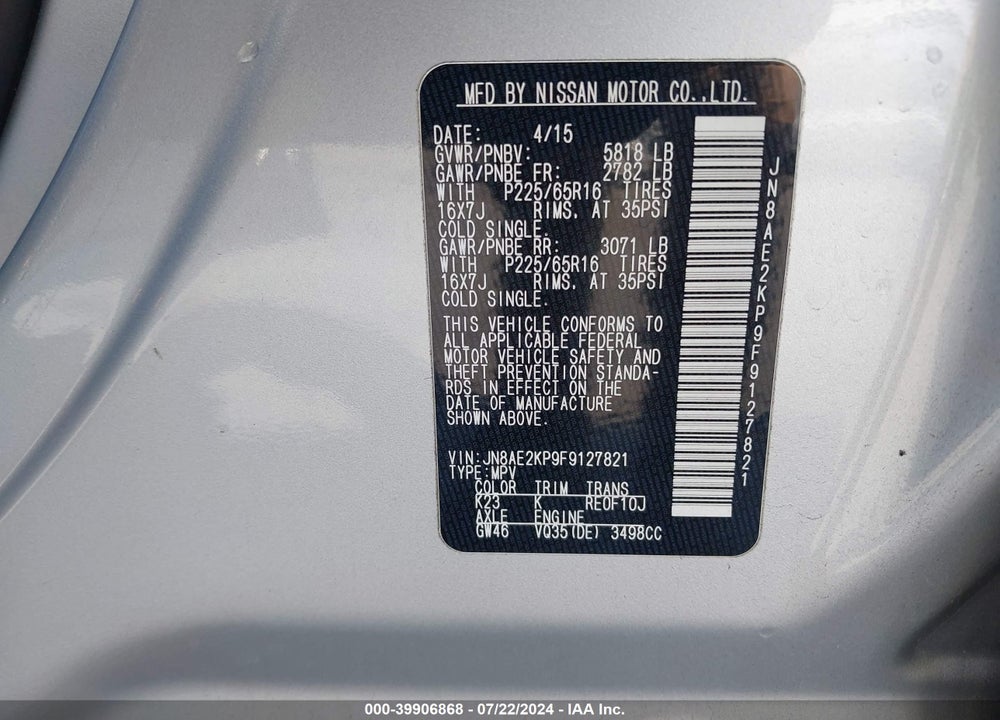 2015 NISSAN QUEST SV VIN: JN8AE2KP9F9127821