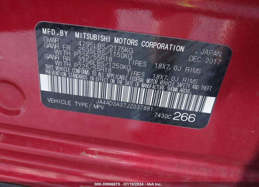2018 MITSUBISHI OUTLANDER SE VIN: JA4AD3A37JZ037881