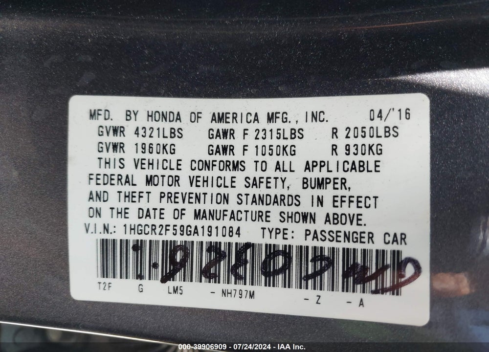 2016 HONDA ACCORD SPORT VIN: 1HGCR2F59GA191084