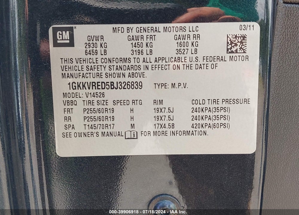 2011 GMC ACADIA SLT-1 VIN: 1GKKVRED5BJ326839