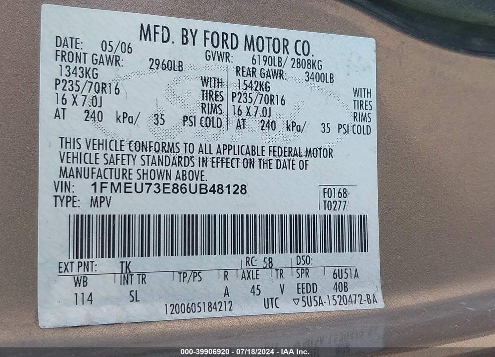 2006 FORD EXPLORER XLT VIN: 1FMEU73E86UB48128