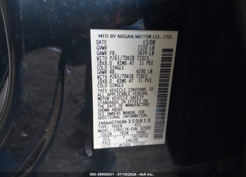 2008 NISSAN TITAN SE VIN: 1N6AA07D68N359813
