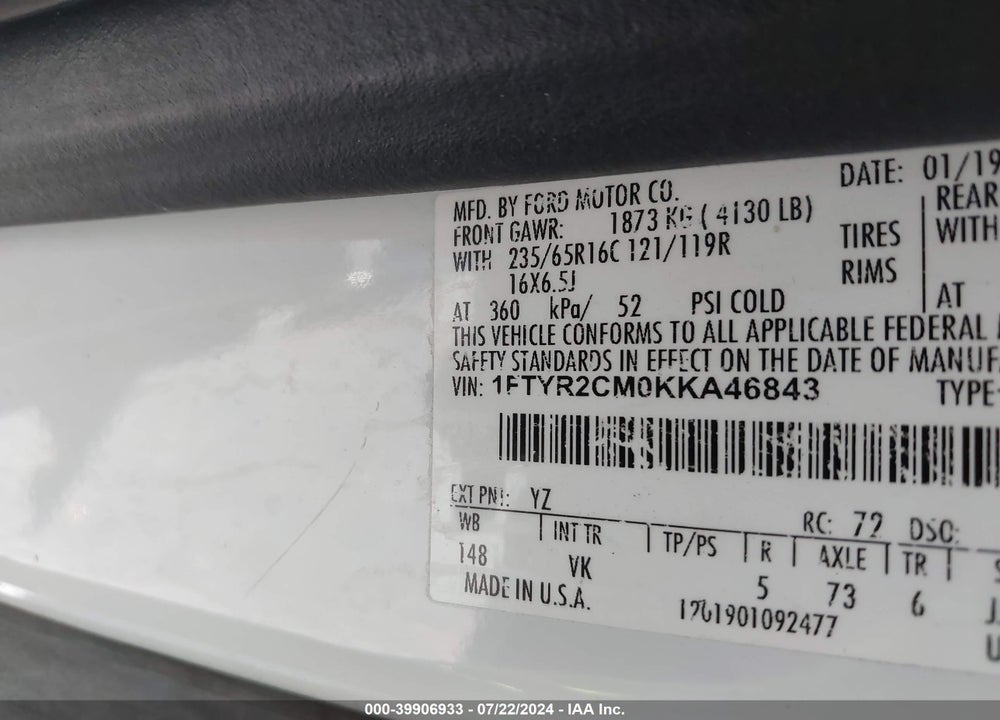 2019 FORD TRANSIT-250 VIN: 1FTYR2CM0KKA46843