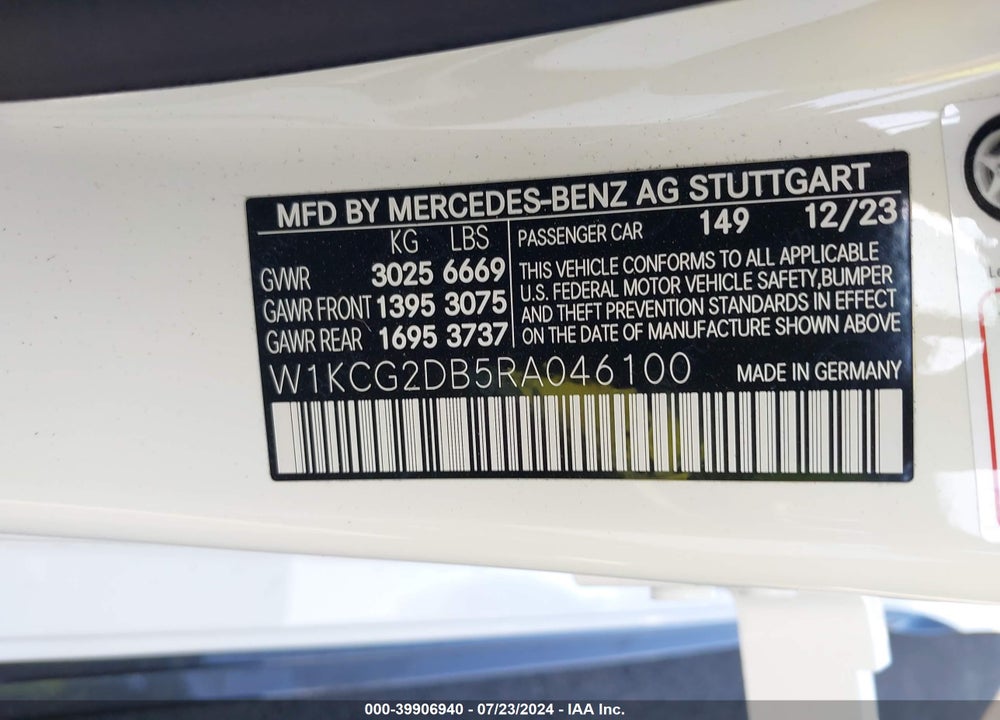 2024 MERCEDES-BENZ EQS 450 VIN: W1KCG2DB5RA046100