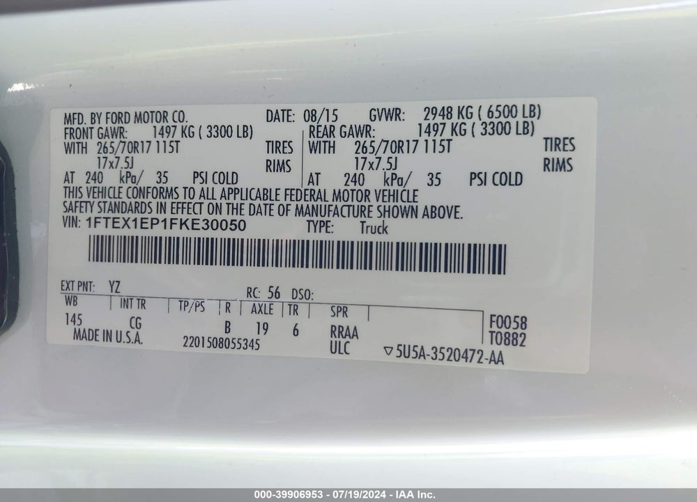 2015 FORD F-150 XL VIN: 1FTEX1EP1FKE30050