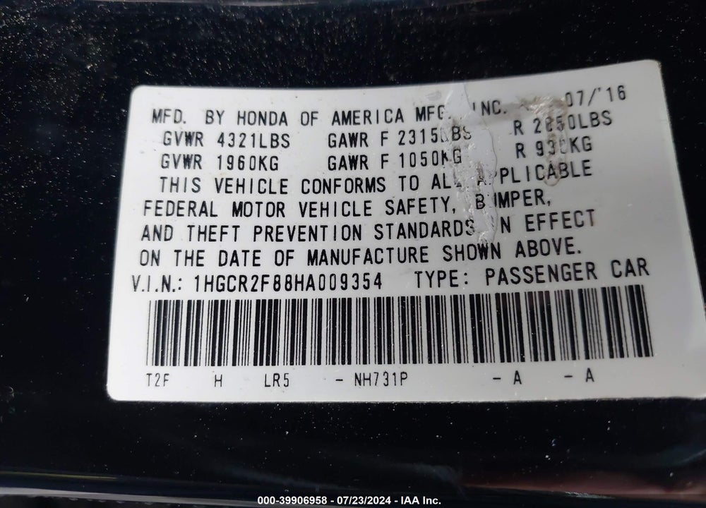2017 HONDA ACCORD EX-L VIN: 1HGCR2F88HA009354