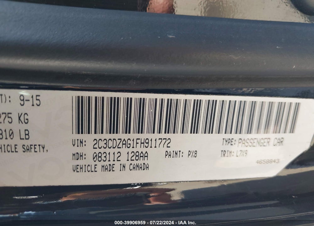 2015 DODGE CHALLENGER SXT VIN: 2C3CDZAG1FH911772