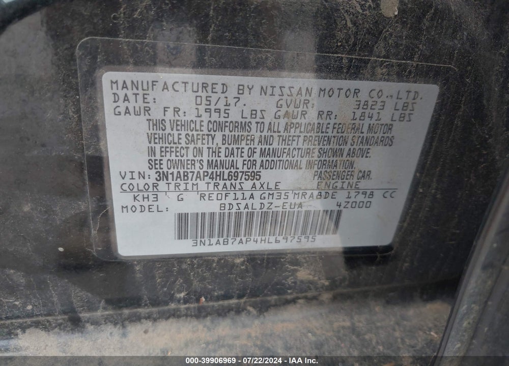 2017 NISSAN SENTRA SV VIN: 3N1AB7AP4HL697595