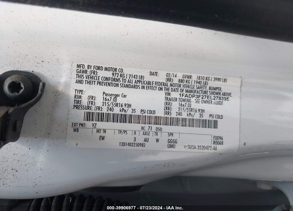 2014 FORD FOCUS SE VIN: 1FADP3F27EL278395