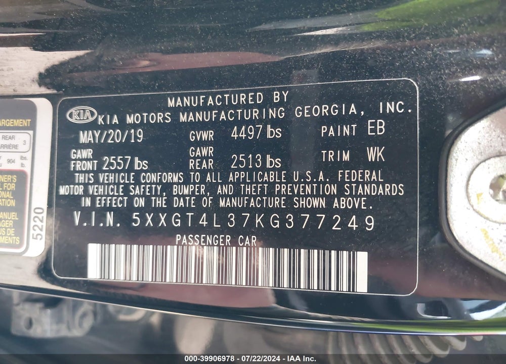 2019 KIA OPTIMA LX VIN: 5XXGT4L37KG377249