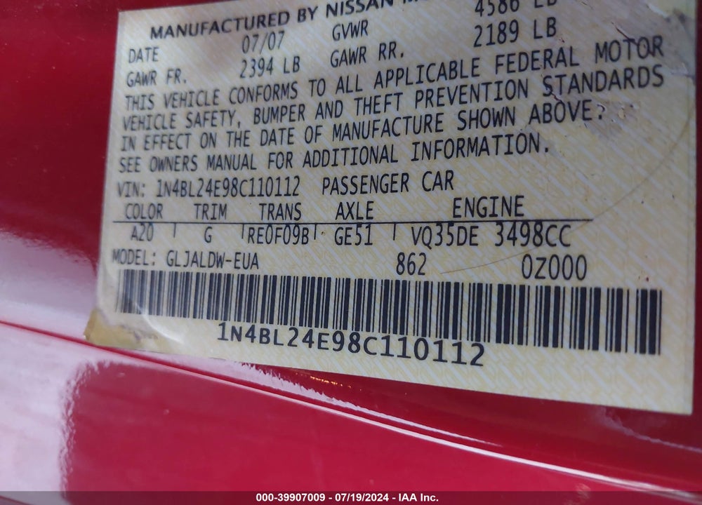 2008 NISSAN ALTIMA 3.5 SE VIN: 1N4BL24E98C110112