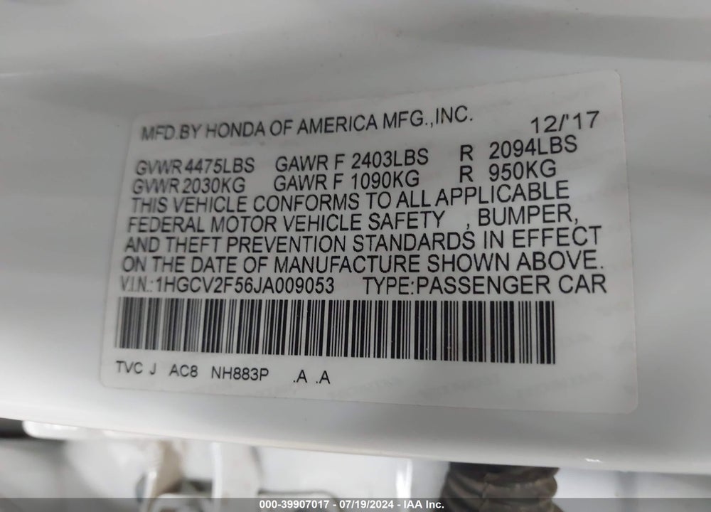2018 HONDA ACCORD EX-L 2.0T VIN: 1HGCV2F56JA009053